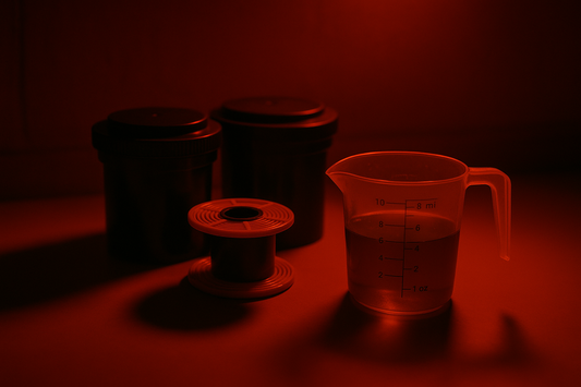 a simple two sppol developing tanks and a measure full of liquid in safe light