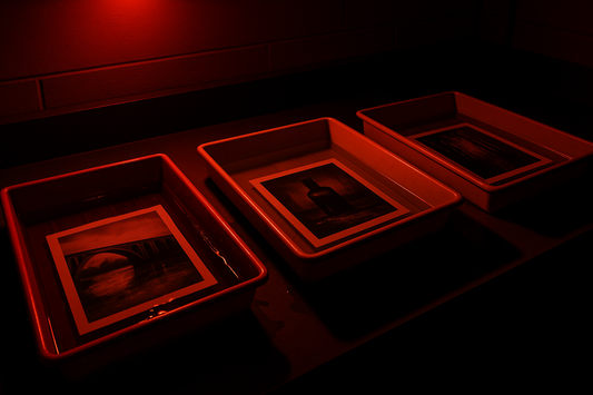 three developing trays under safe light